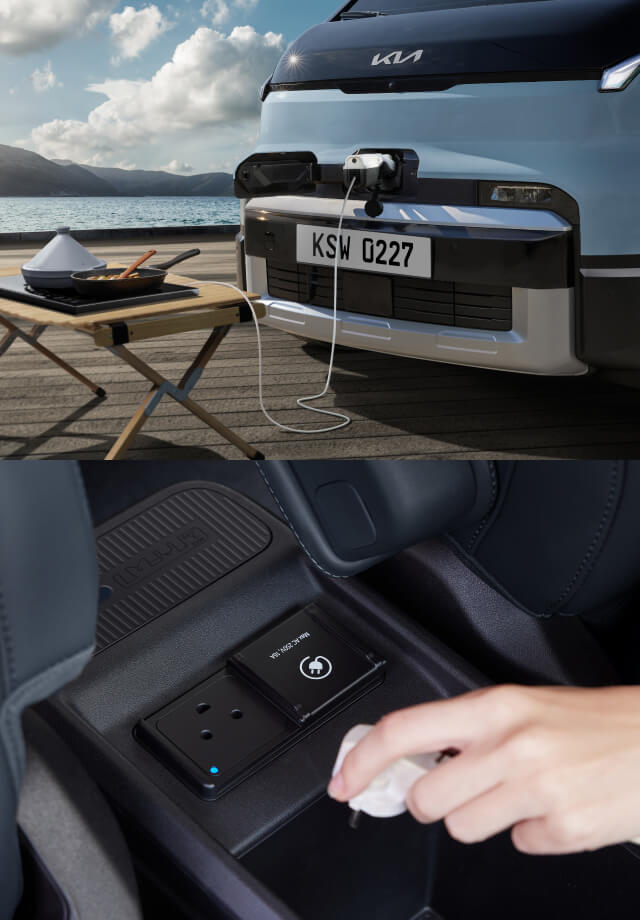 Hand, die ein Gerät in eine Innensteckdose steckt, und Vorderansicht eines Vans mit aktivierter V2L-Stromversorgung.